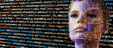 Image de code informatique et d'un visage en surimpression pour illustrer l'intelligence artificielle.