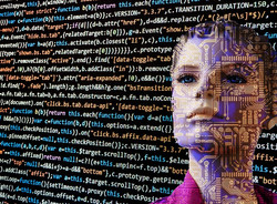 Image de code informatique et d'un visage en surimpression pour illustrer l'intelligence artificielle.