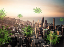 La ville de Chicago et des icônes de coronavirus en surimpression.